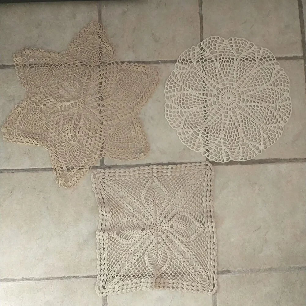Vtg Handmade Crocheted Dollies White Beige Round Square Star Crafters Lot Of 3